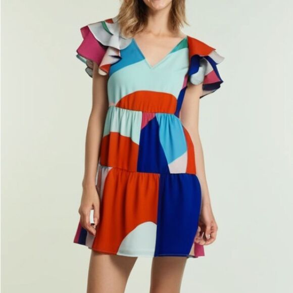 Crosby by Mollie Burch Color Block Flutter Sleeve‎ Ruffle Mini Dress -- XS - Picture 1 of 11